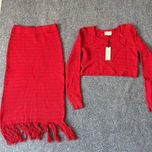 Freshman 1996 Red Crochet Sweater Skirt Set Fringe Bottom Boho Chic Medium‎